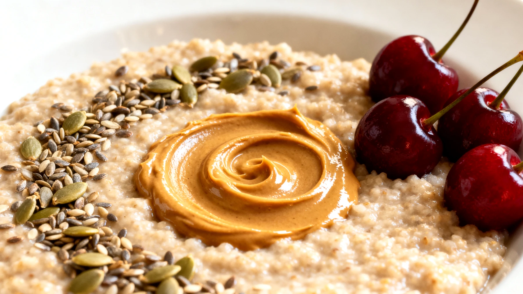 Amaranth-Porridge mit Hanfsamen, Sauerkirschen und Cashewmus"