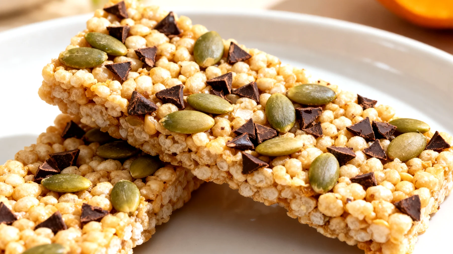 Amaranth-Puffed-Riegel mit Kürbiskernen und Kakao-Nibs"