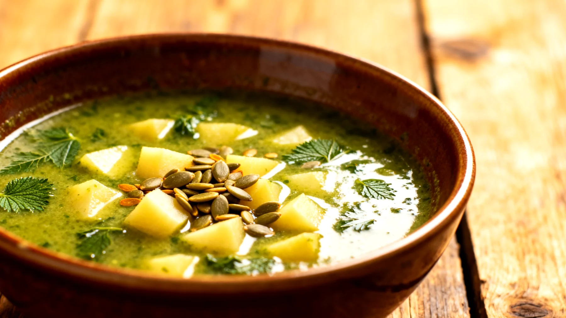 Brennnesselsuppe mit Kartoffeln und Kürbiskernen"