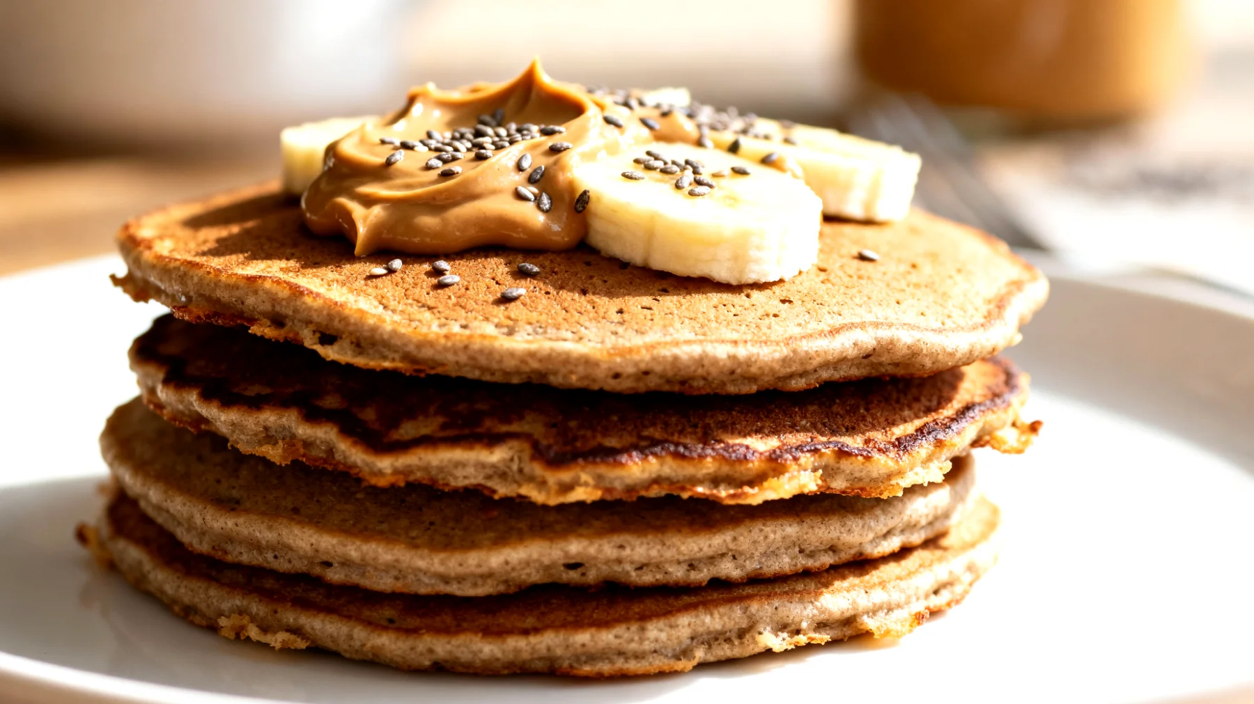 Buchweizen-Bananen-Pancakes mit Mandelmus und Chiasamen (vorbereitet als Meal-Prep)"