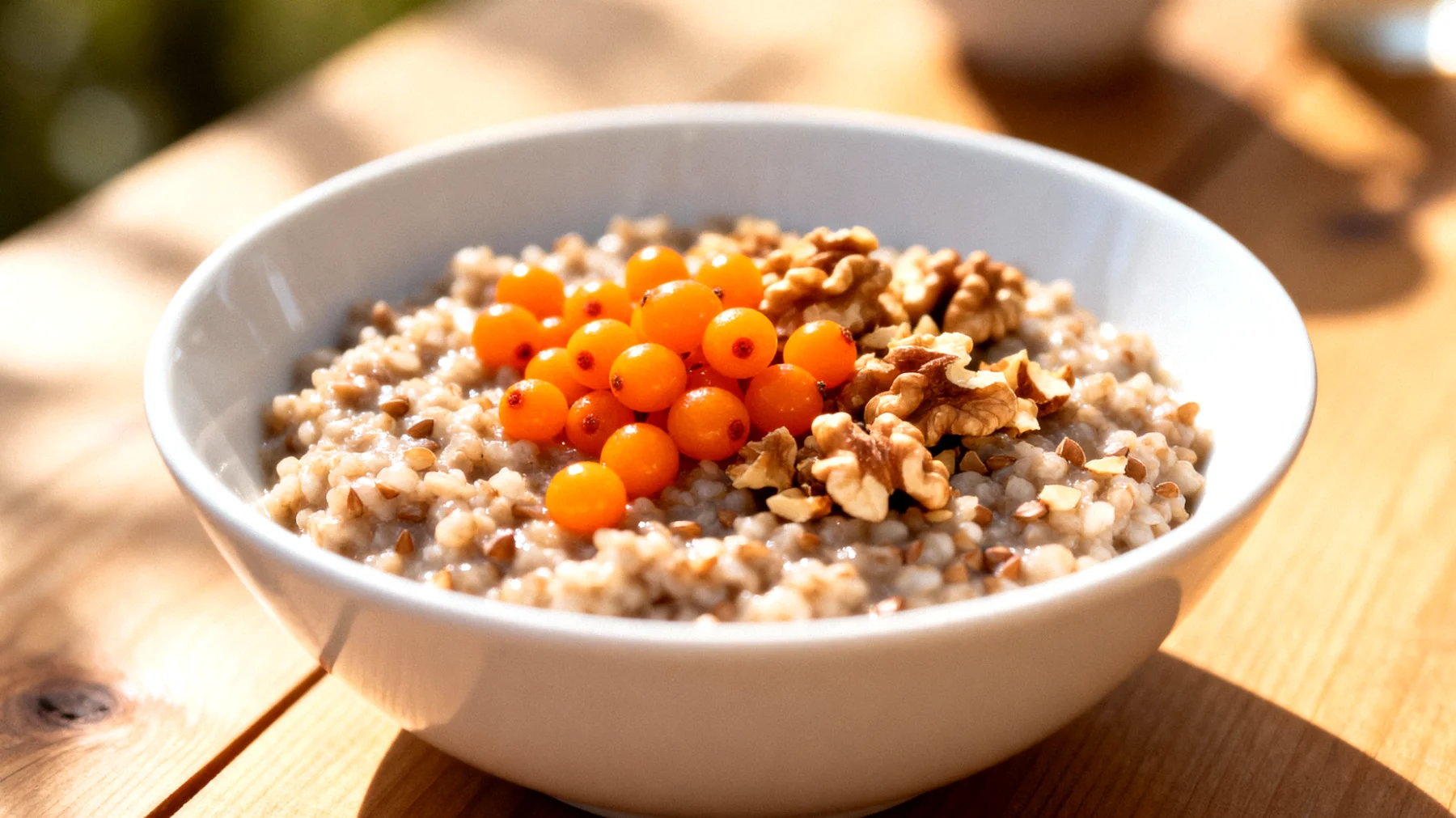 Buchweizen-Porridge mit Sanddornbeeren und Walnüssen"