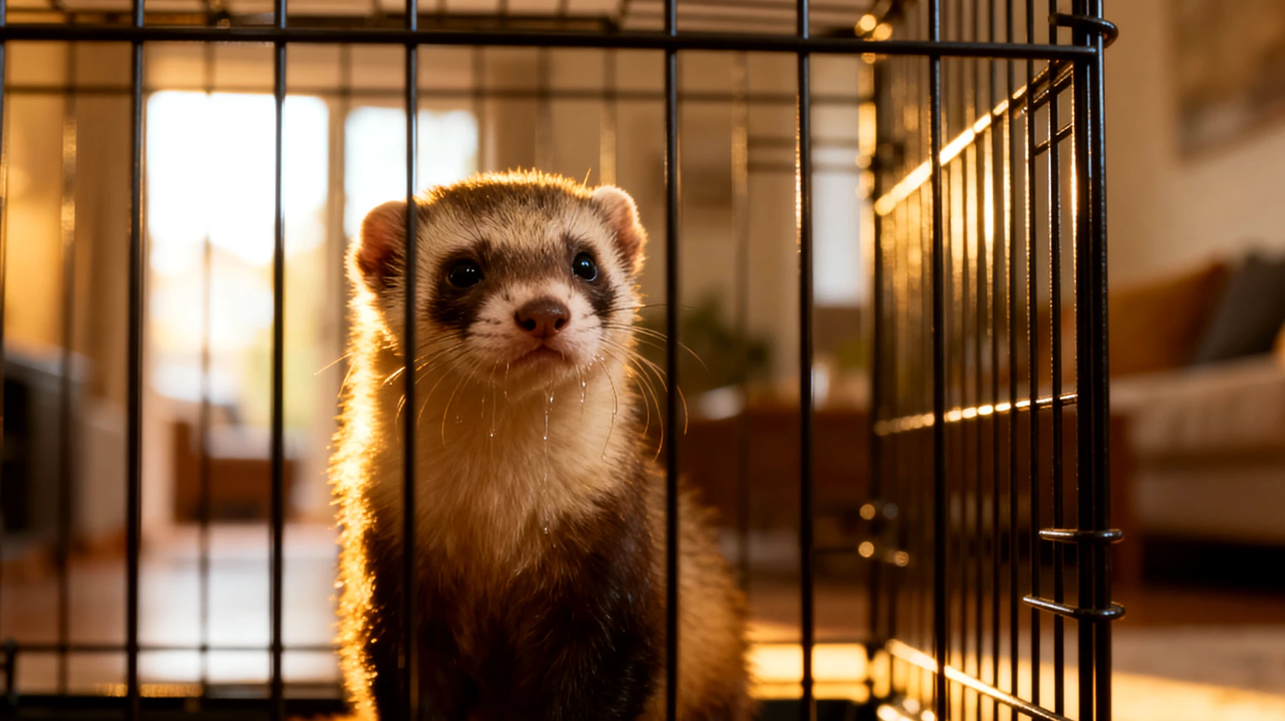 Frettchen benötigen mehrere Stunden täglichen Freilauf außerhalb des Käfigs, aber in Wohnungen fehlen oft sichere, frettchengerechte Bereiche, was zu Langeweile, Verhaltensproblemen und unzureichender Eingewöhnung führt"