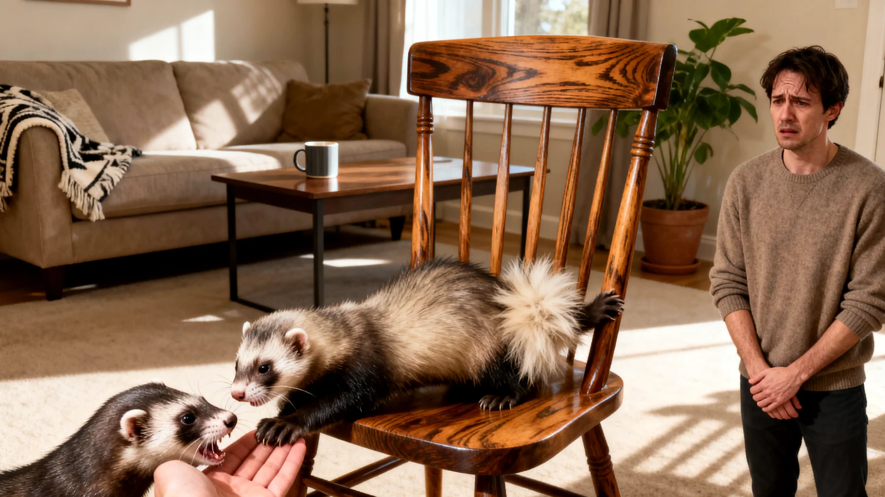 Frettchen zeigen oft unerwünschtes Beißverhalten und übermäßiges Kratzen an Möbeln, was das Zusammenleben erschwert und eine konsequente Erziehung mit positiver Verstärkung erfordert"