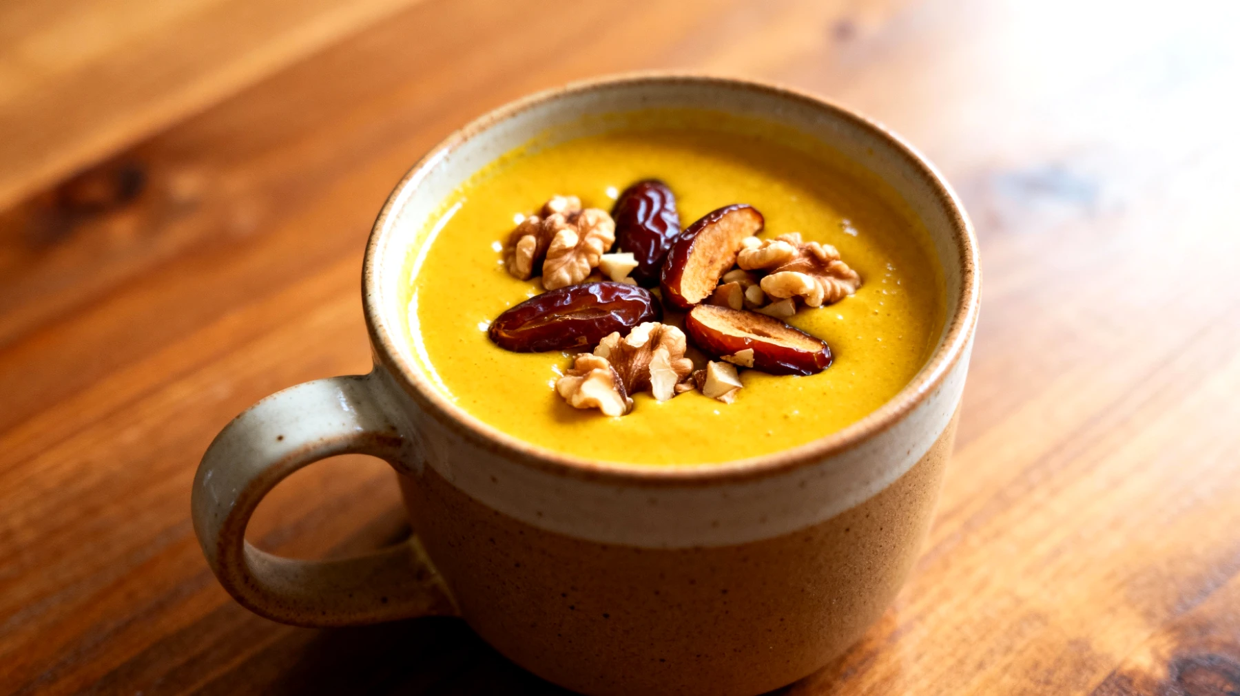 Goldene Milch mit Walnüssen und Datteln (Kurkuma-Latte mit Nusstopping)"