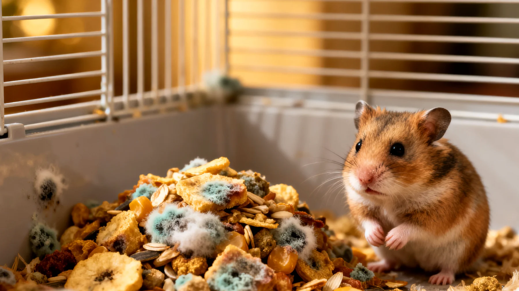 Erwachsene Hamster neigen dazu, ihre Nahrung zu horten und übermäßig zu bunkern, was zu verdorbenen Futtervorräten im Käfig führt und die Hygiene beeinträchtigt sowie potenzielle Gesundheitsrisiken durch Schimmelbildung mit sich bringt"