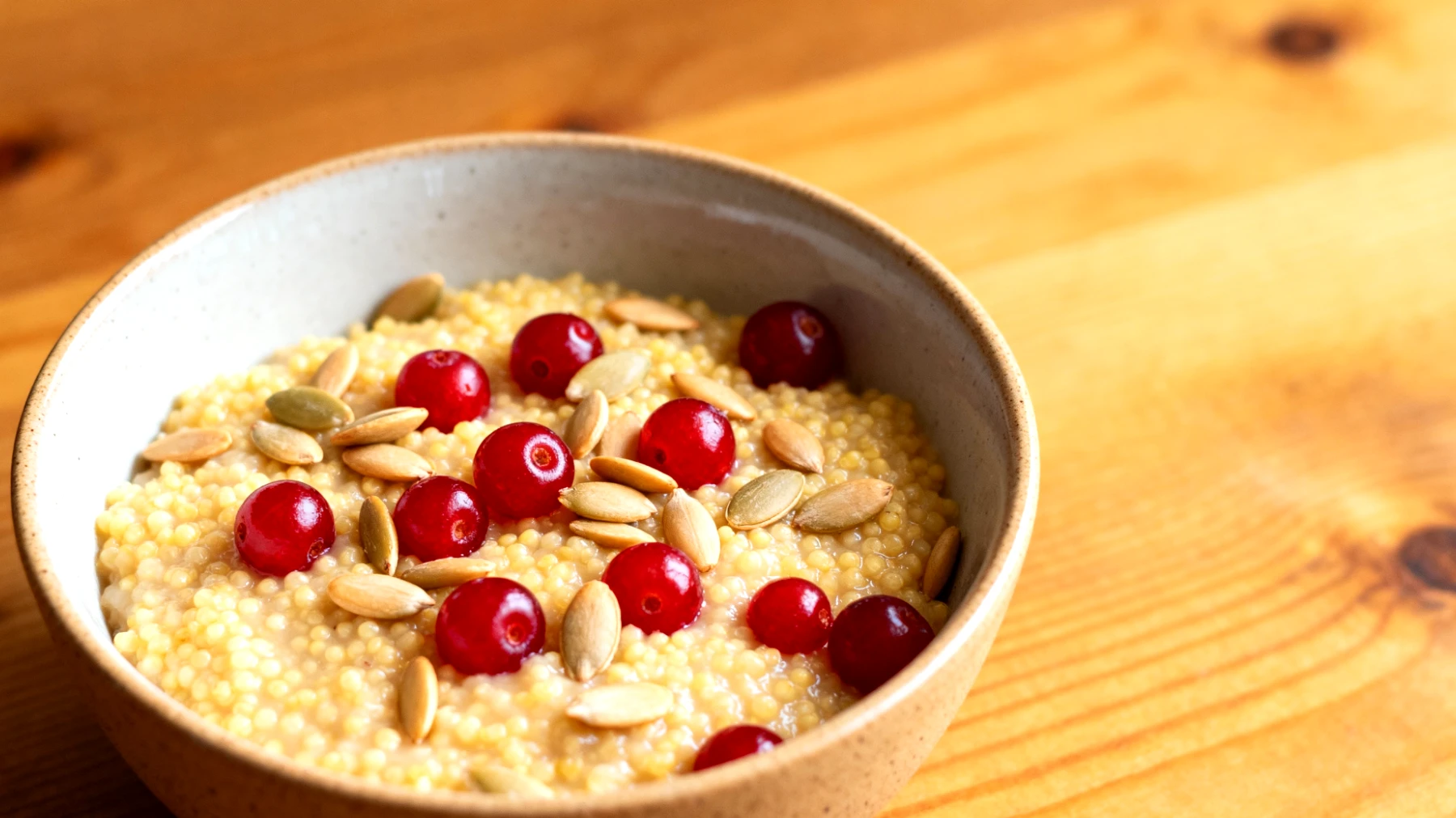 Hirsebrei mit Sauerkirschen und Kürbiskernen"