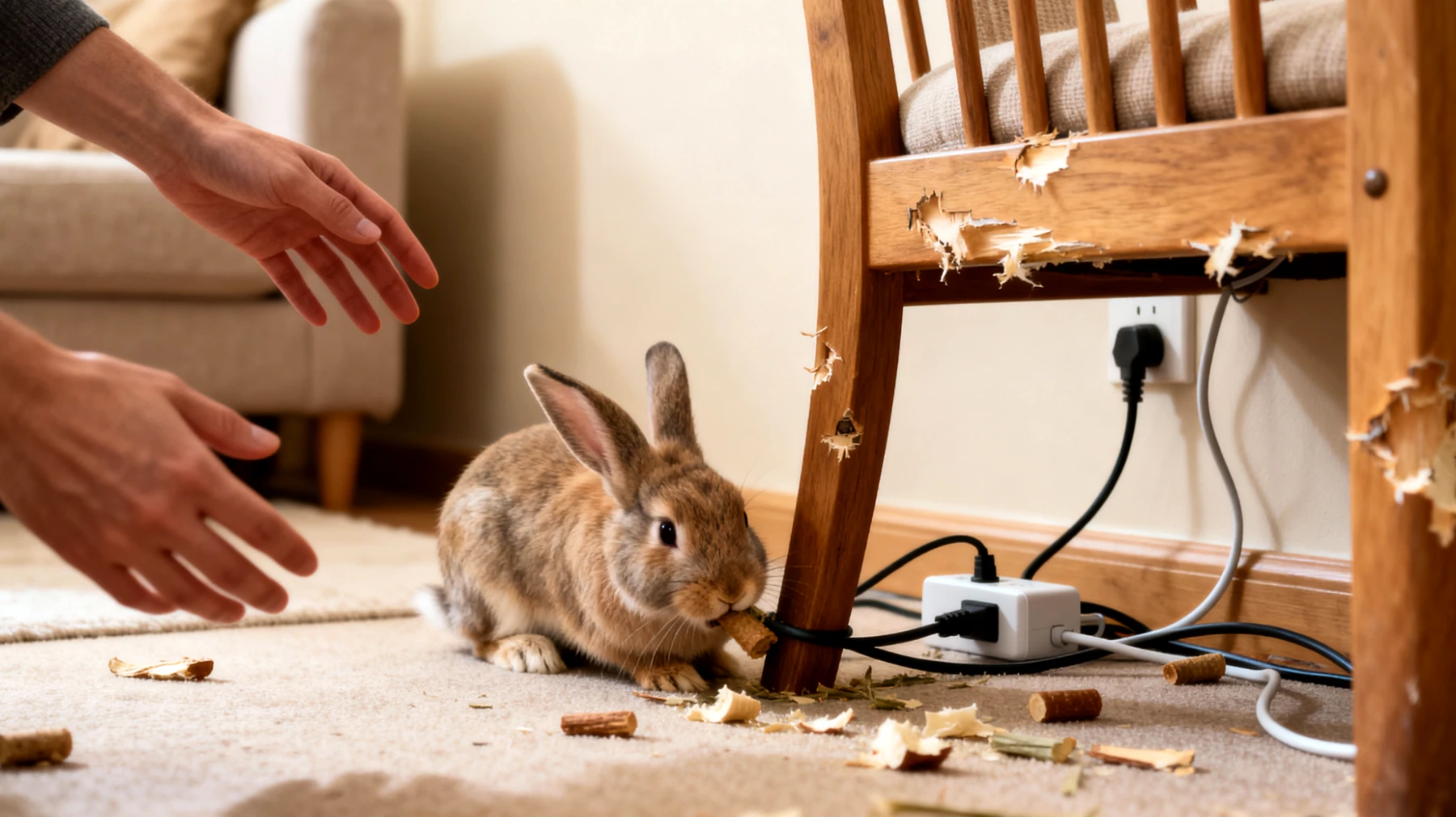 Junges Kaninchen zeigt destruktives Verhalten wie übermäßiges Nagen an Möbeln, Kabeln und Einrichtungsgegenständen aufgrund von Zahnwachstum, Langeweile und fehlendem Training"