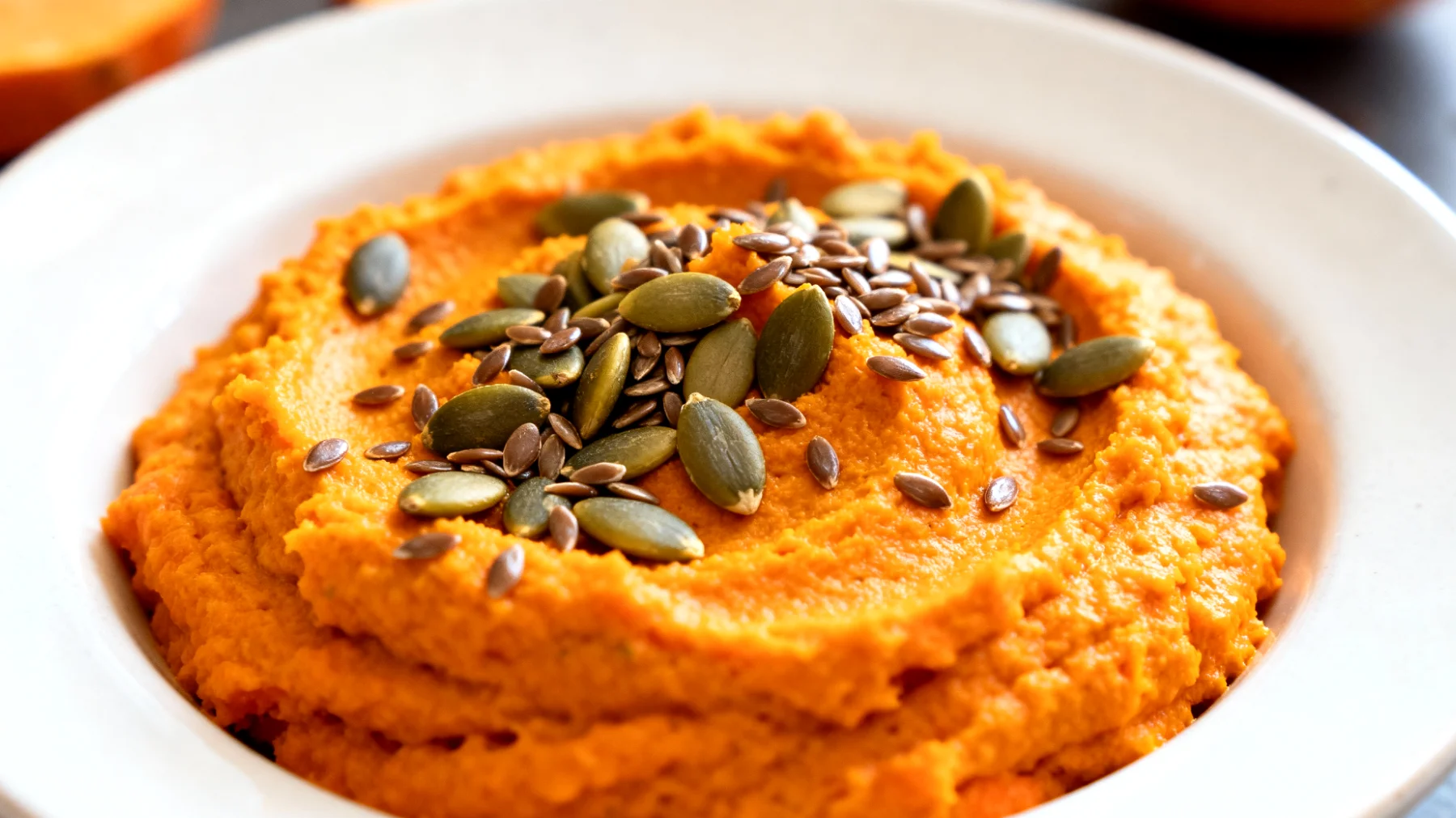 Karottenhummus mit Kürbiskernen und Leinsamen"