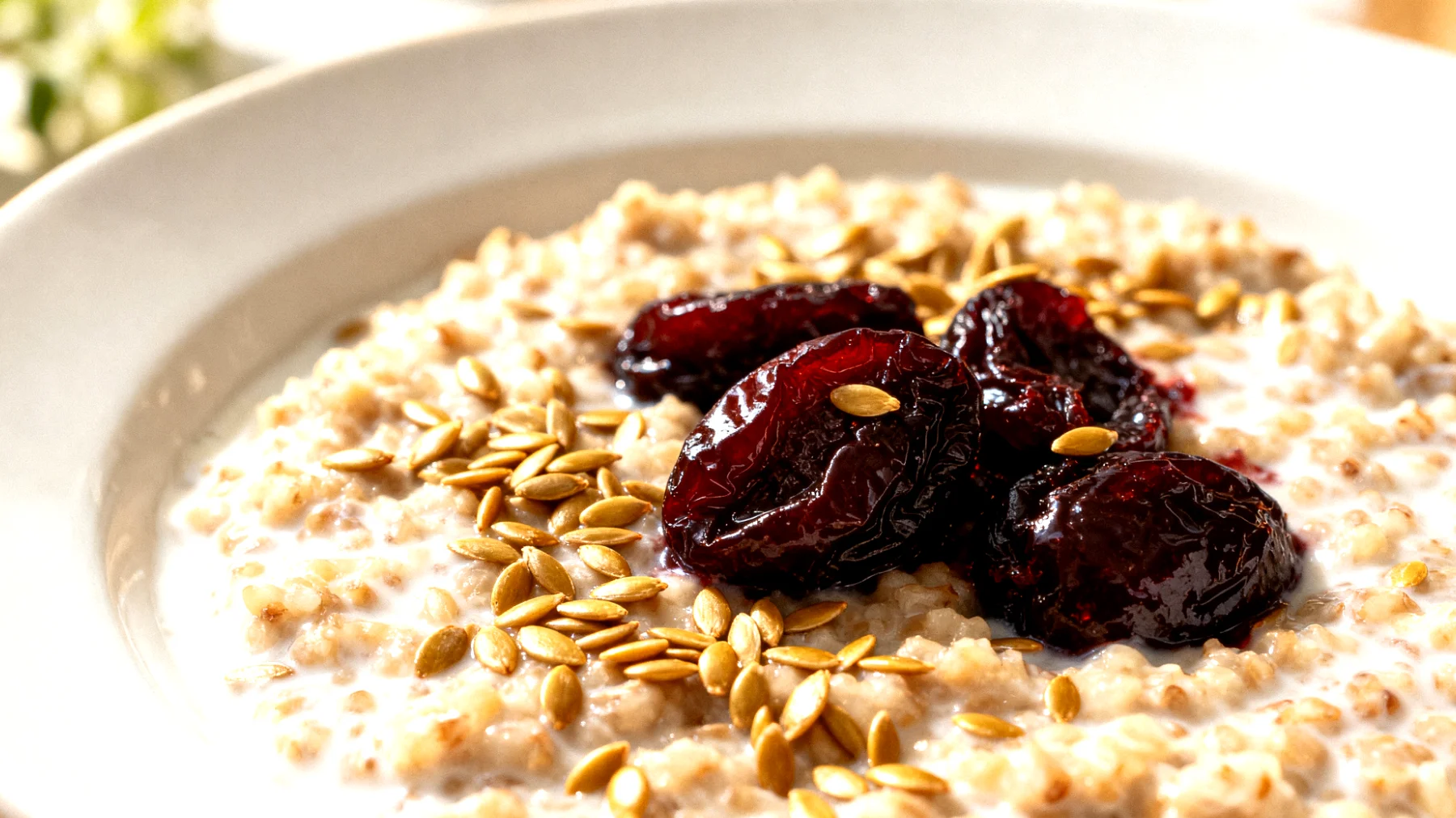 Kefir-Buchweizen-Brei mit Leinsamen und gedünsteten Pflaumen"