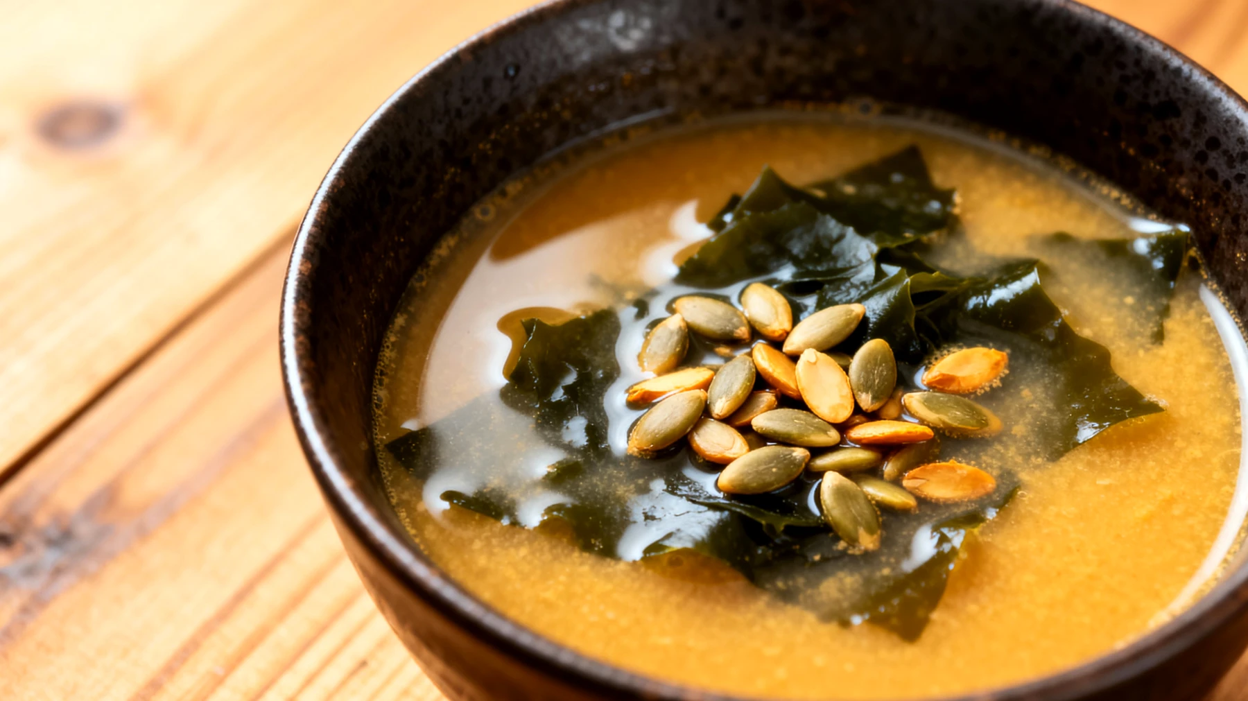Miso-Kugeln mit Wakame-Algen und gerösteten Kürbiskernen"