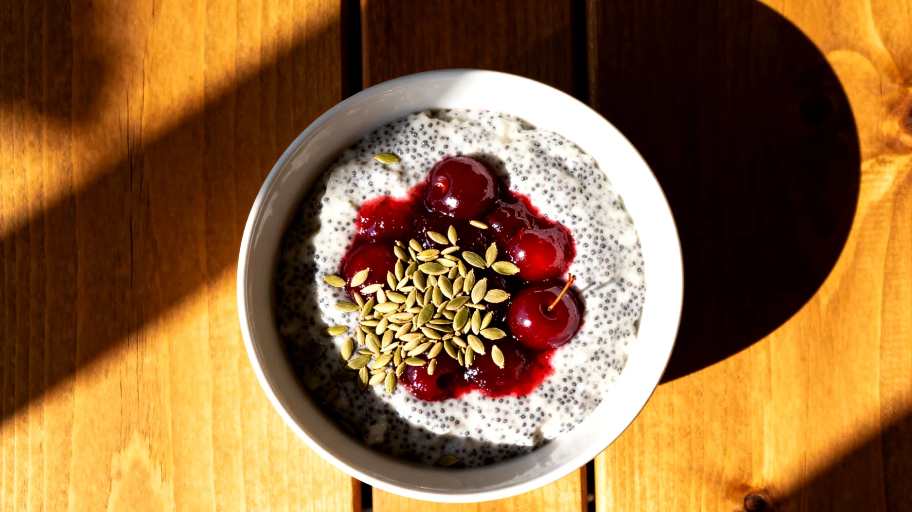 Mohnsamenpudding mit Sauerkirschkompott und Hanfsamen"