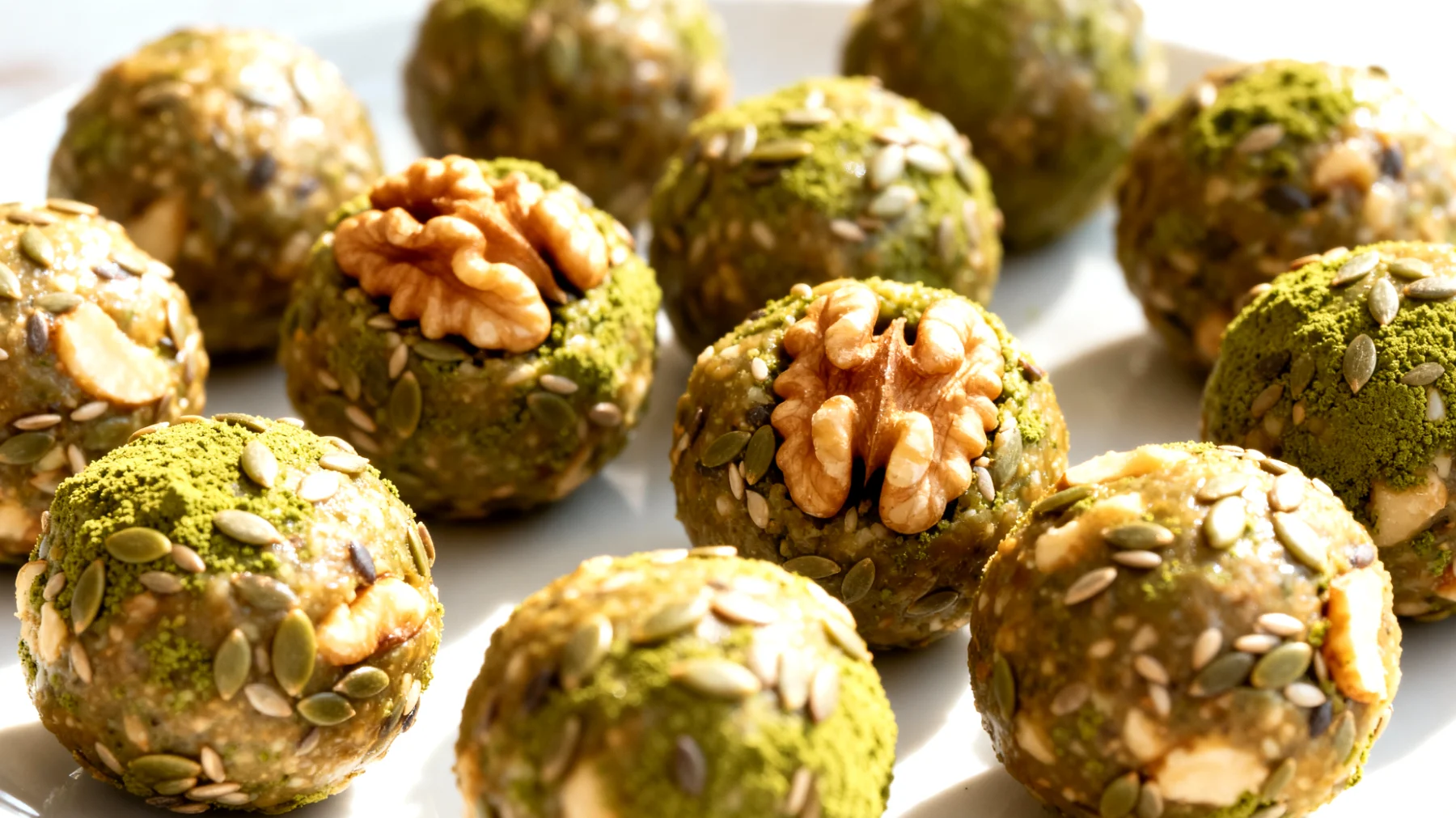 Walnuss-Matcha-Energiekugeln mit Hanfsamen"