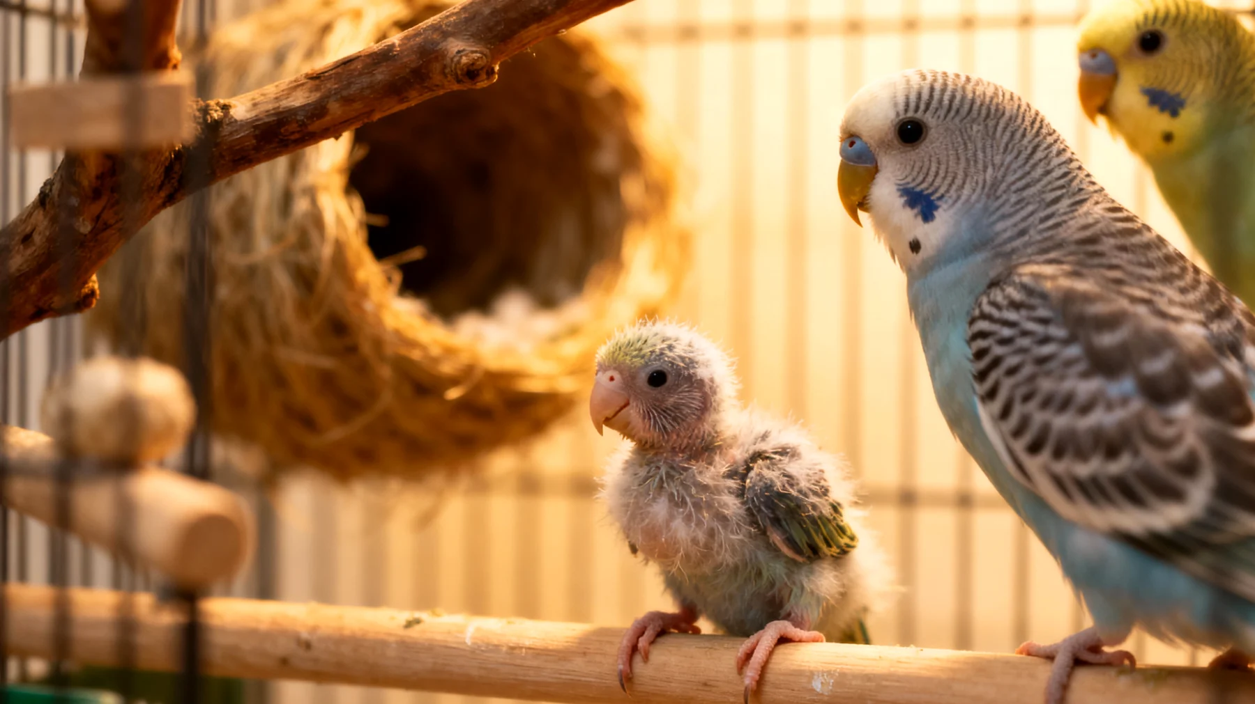 Wellensittich-Küken benötigen in den ersten Lebenswochen besondere Aufmerksamkeit bei der Käfigeinrichtung, da sie noch nicht sicher fliegen können und sich an ihre Umgebung gewöhnen müssen, während gleichzeitig die Elternvögel genügend Platz zur Versorgung brauchen"