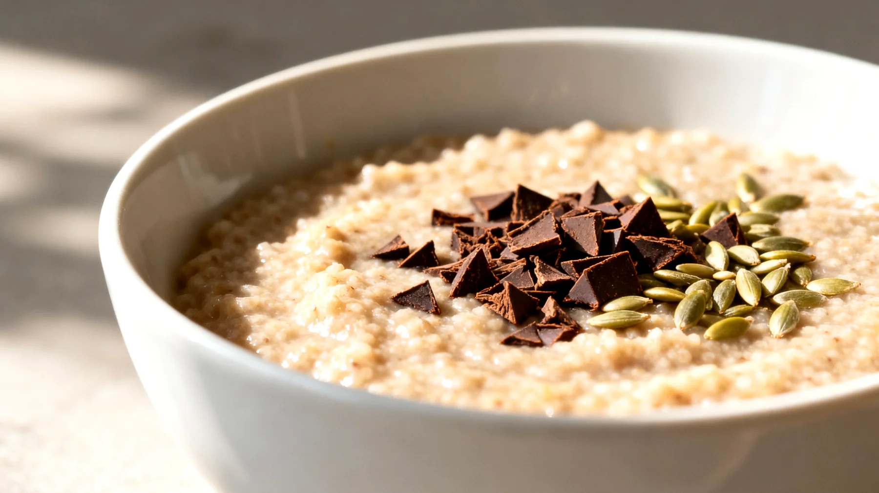 Amaranth-Porridge mit Kakao-Nibs und Hanfsamen"