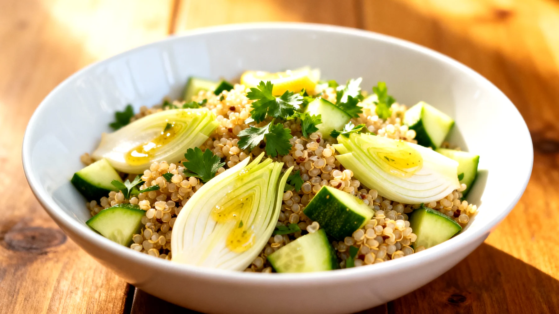 Fenchel-Quinoa-Salat mit Gurke, Petersilie und Zitronendressing"