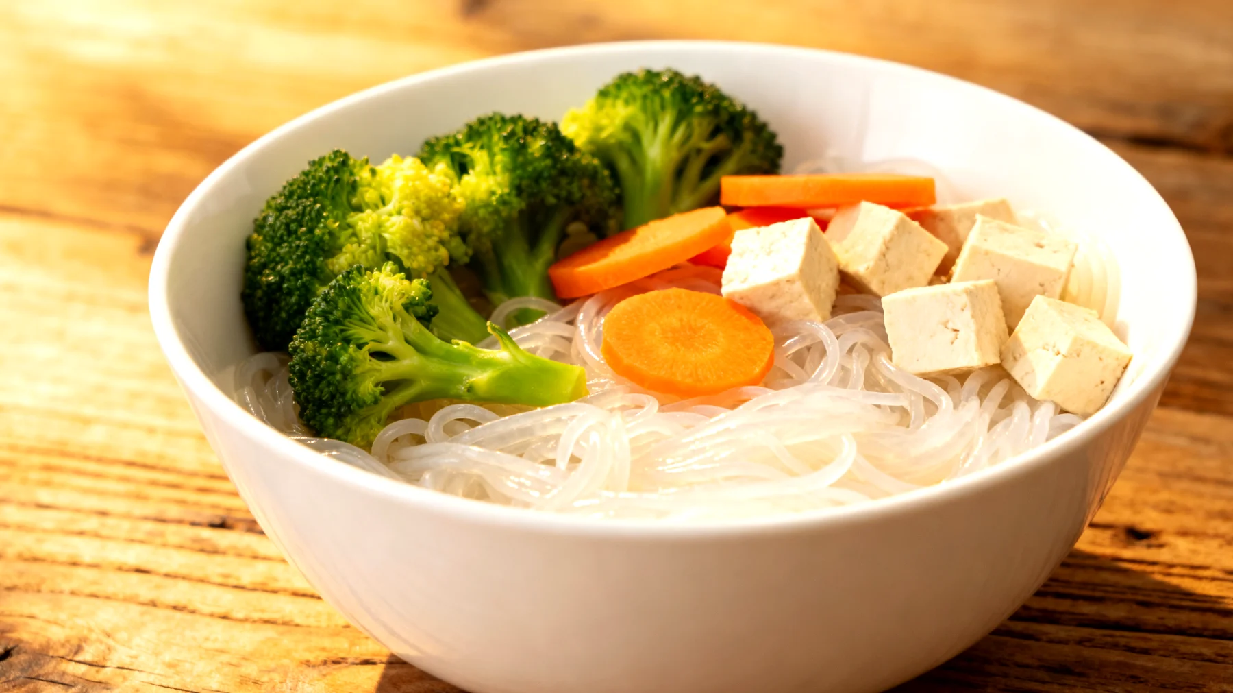 Konjac-Nudeln (Shirataki) mit gedünstetem Gemüse und Tofu"