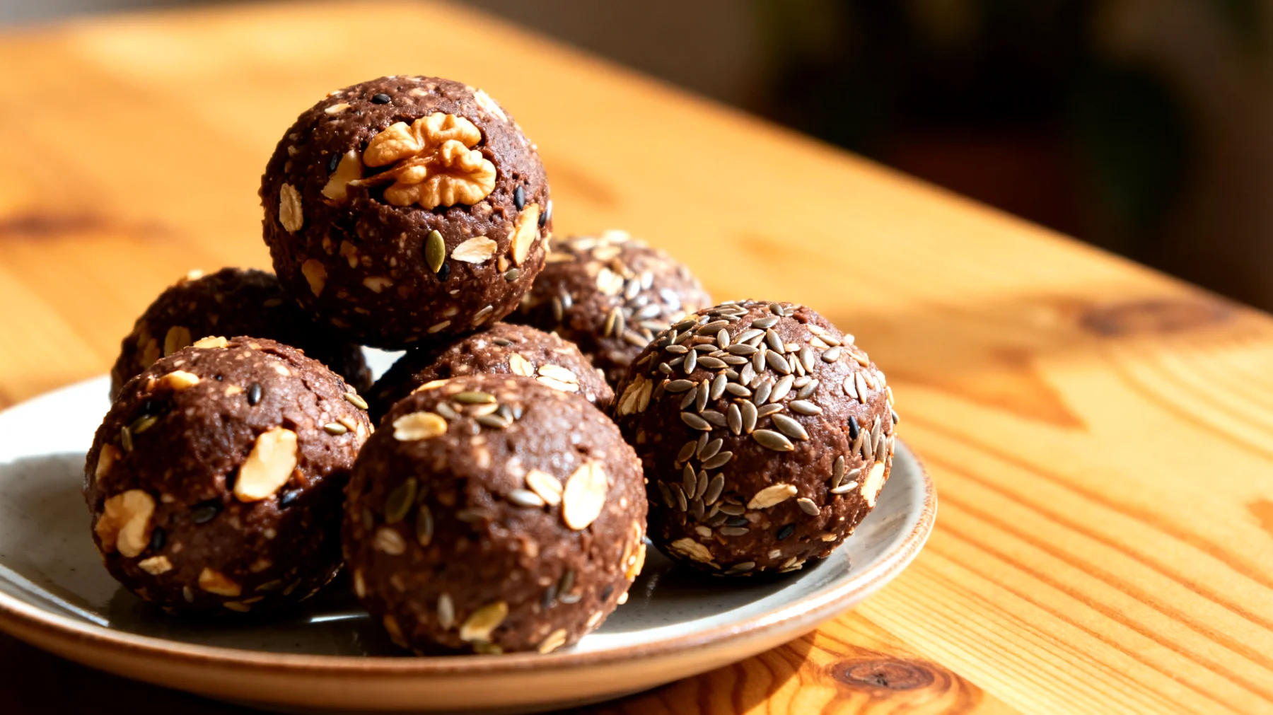 Walnuss-Kakao-Energiekugeln mit Haferflocken und Leinsamen"